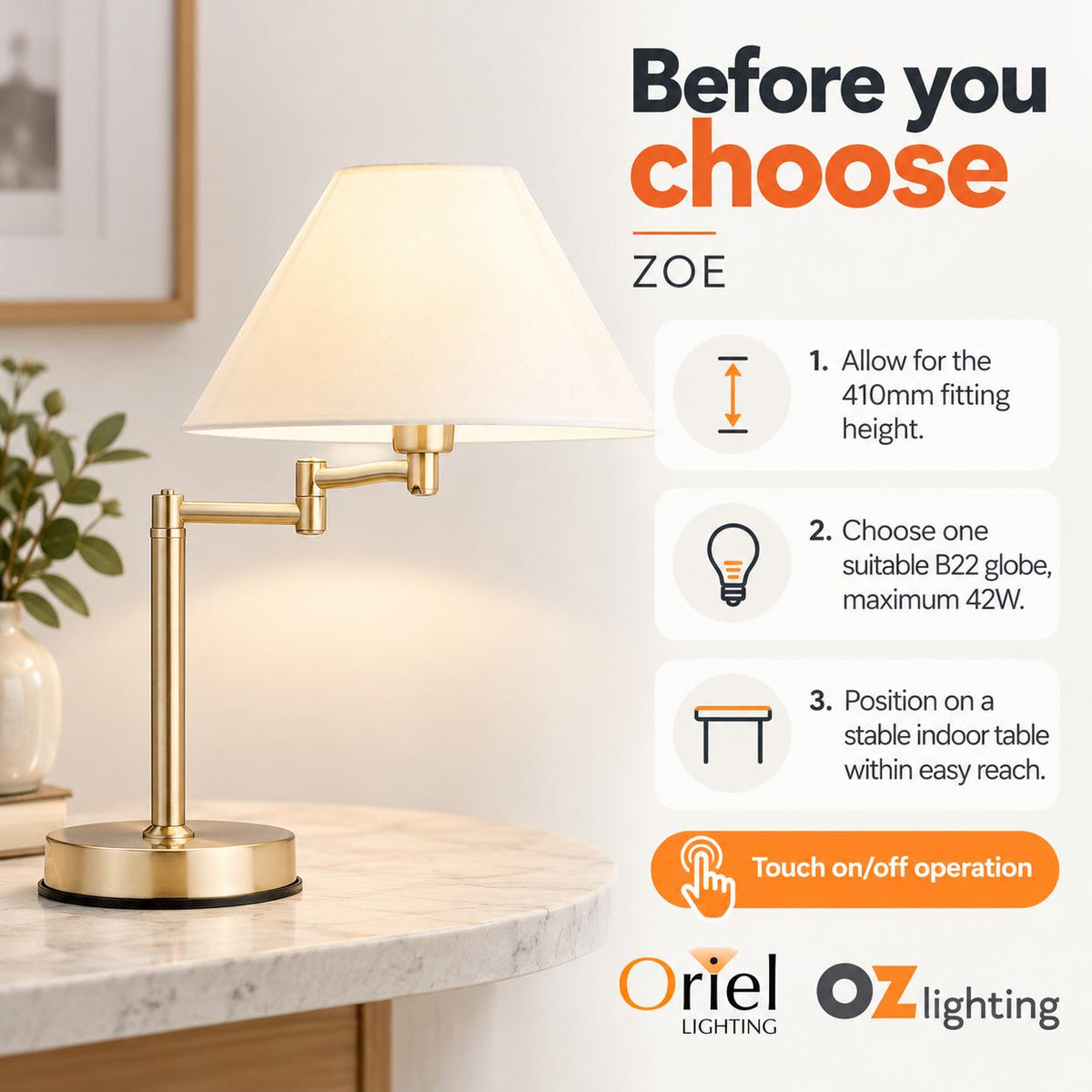 Oriel ZOE Touch Table Lamp-Oriel Lighting-Ozlighting.com.au