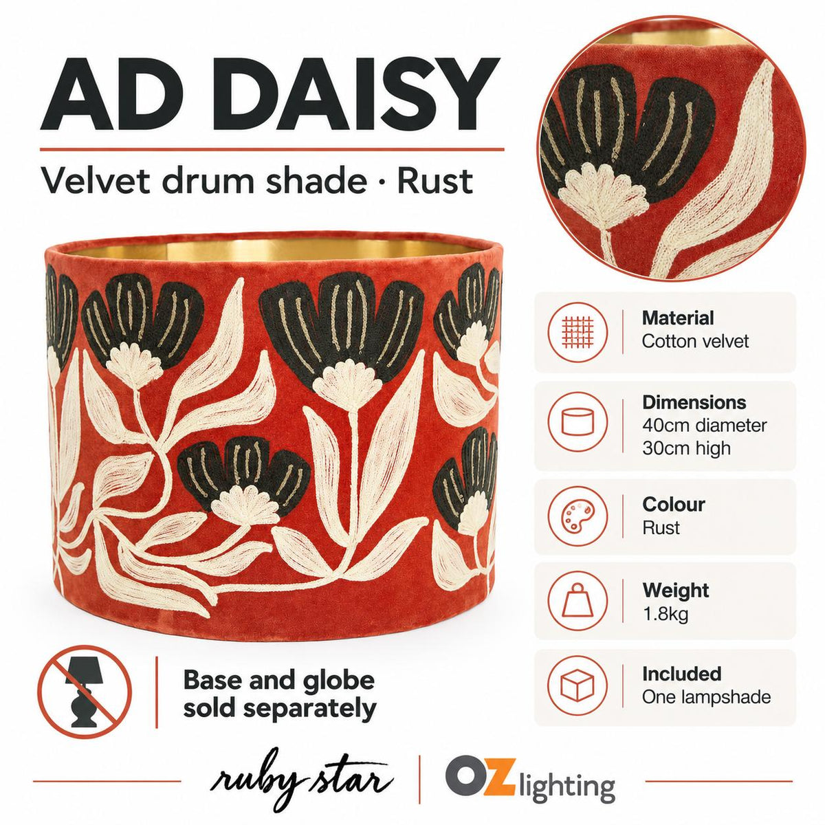 Ruby Star AD DAISY Drum Shade - Velvet, Rust-RUBY STAR-Ozlighting.com.au
