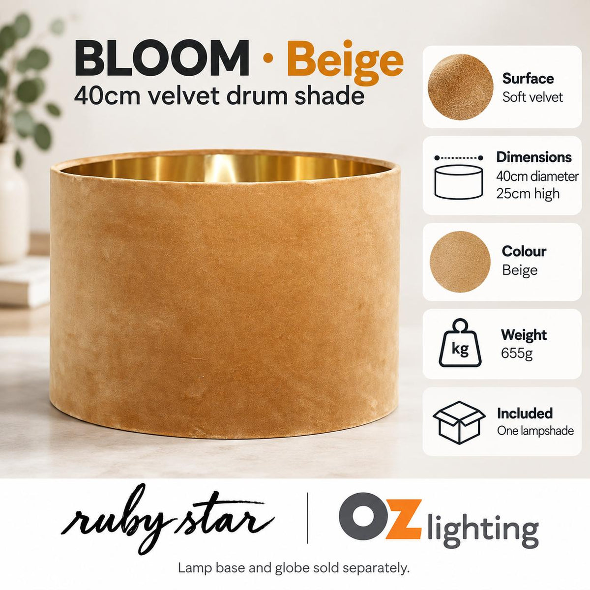 Ruby Star BLOOM Drum Shade - 40cm, Beige-RUBY STAR-Ozlighting.com.au
