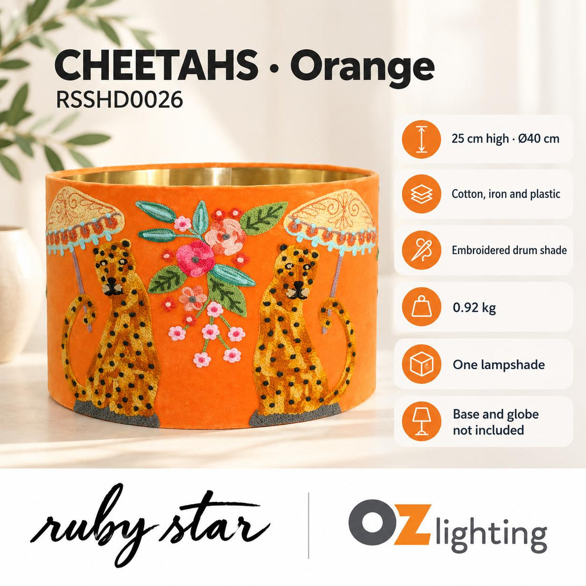 Ruby Star CHEETAHS Drum Shade - 40cm, Orange-RUBY STAR-Ozlighting.com.au