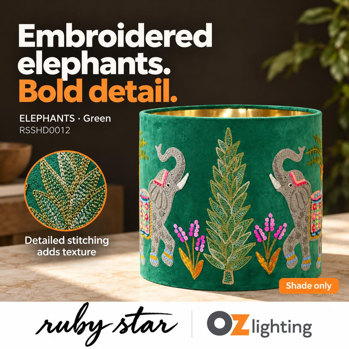 Ruby Star ELEPHANTS Drum Shade - 30cm, Green-RUBY STAR-Ozlighting.com.au