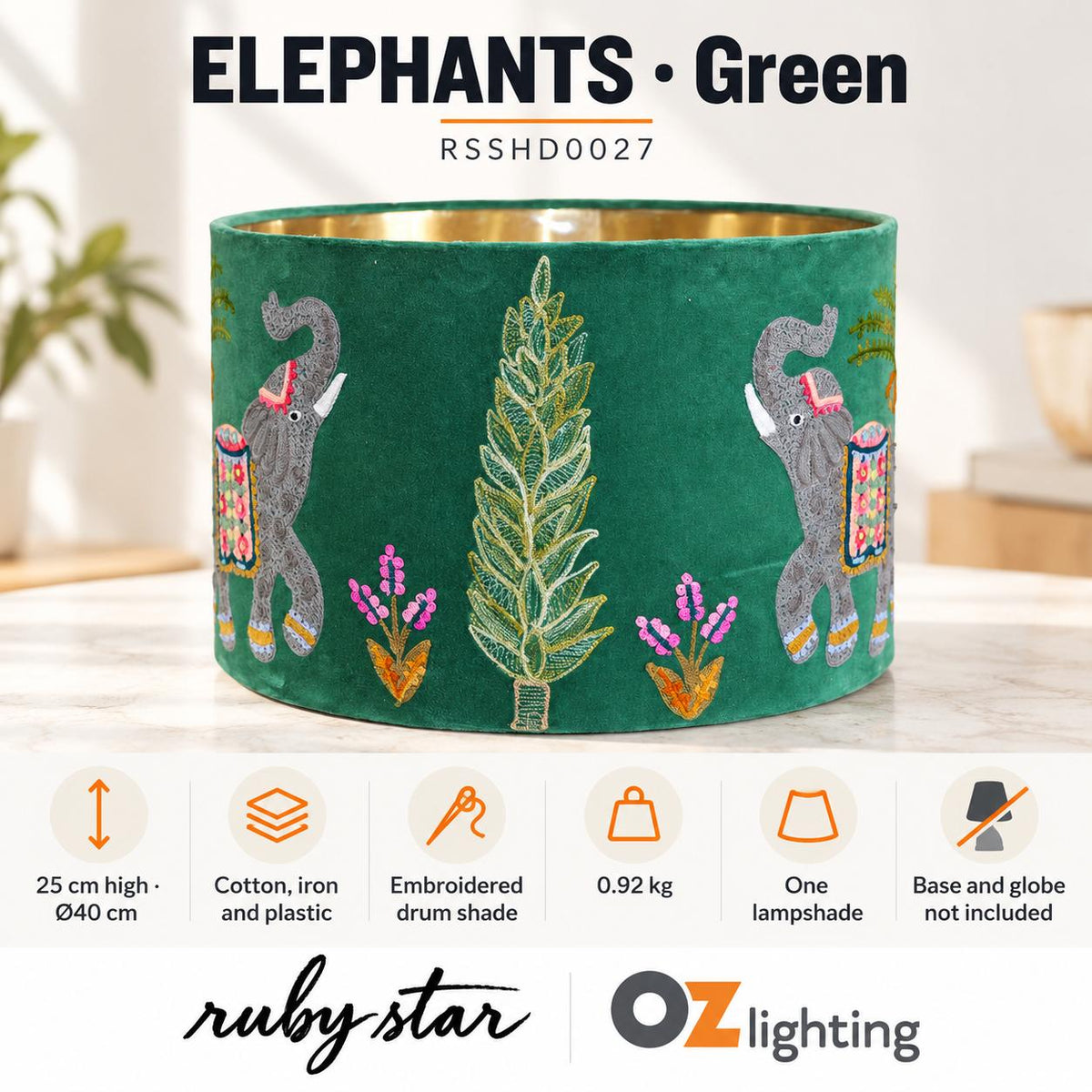 Ruby Star ELEPHANTS Drum Shade - 40cm, Green-RUBY STAR-Ozlighting.com.au