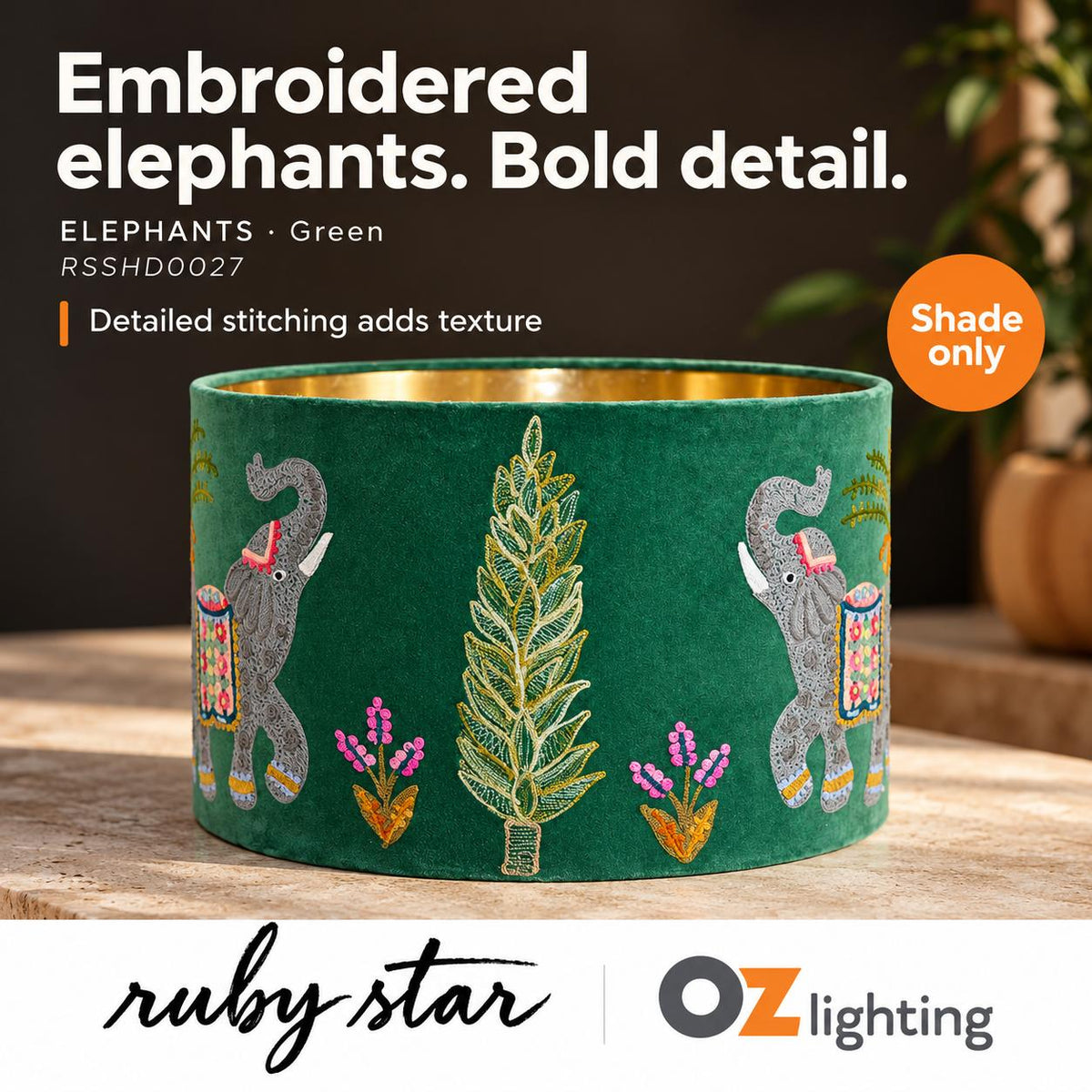 Ruby Star ELEPHANTS Drum Shade - 40cm, Green-RUBY STAR-Ozlighting.com.au
