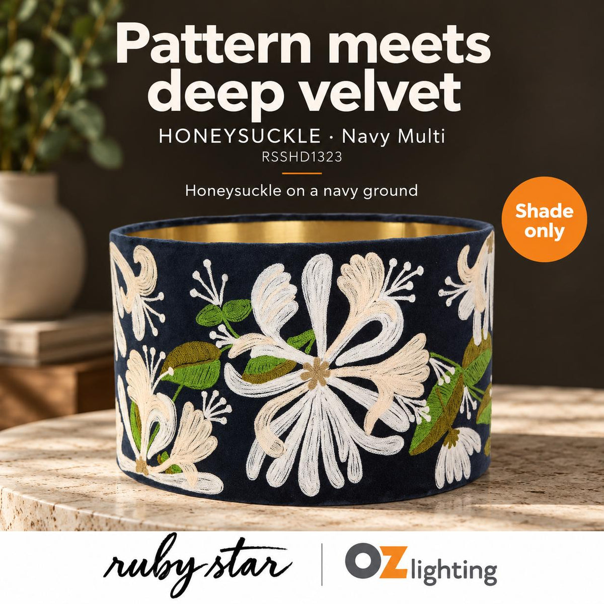 Ruby Star HONEYSUCKLE Drum Shade - Velvet, Navy Multi-RUBY STAR-Ozlighting.com.au
