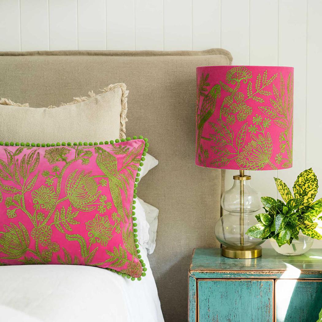 Ruby Star JUNGLE BIRD Drum Shade 30x30cm Pink & Green-RUBY STAR-Ozlighting.com.au