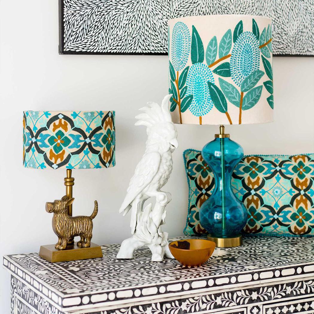 Ruby Star MOSAIC Cotton Drum Shade Turquoise Multi-RUBY STAR-Ozlighting.com.au