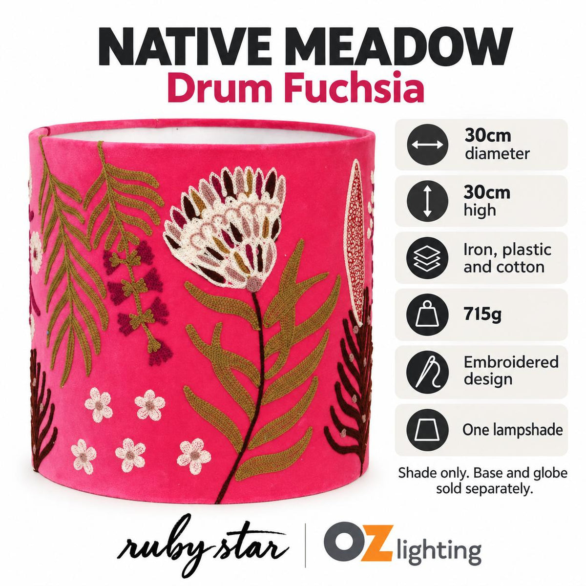 Ruby Star NATIVE MEADOW Drum Shade - 30cm, Fuchsia-RUBY STAR-Ozlighting.com.au