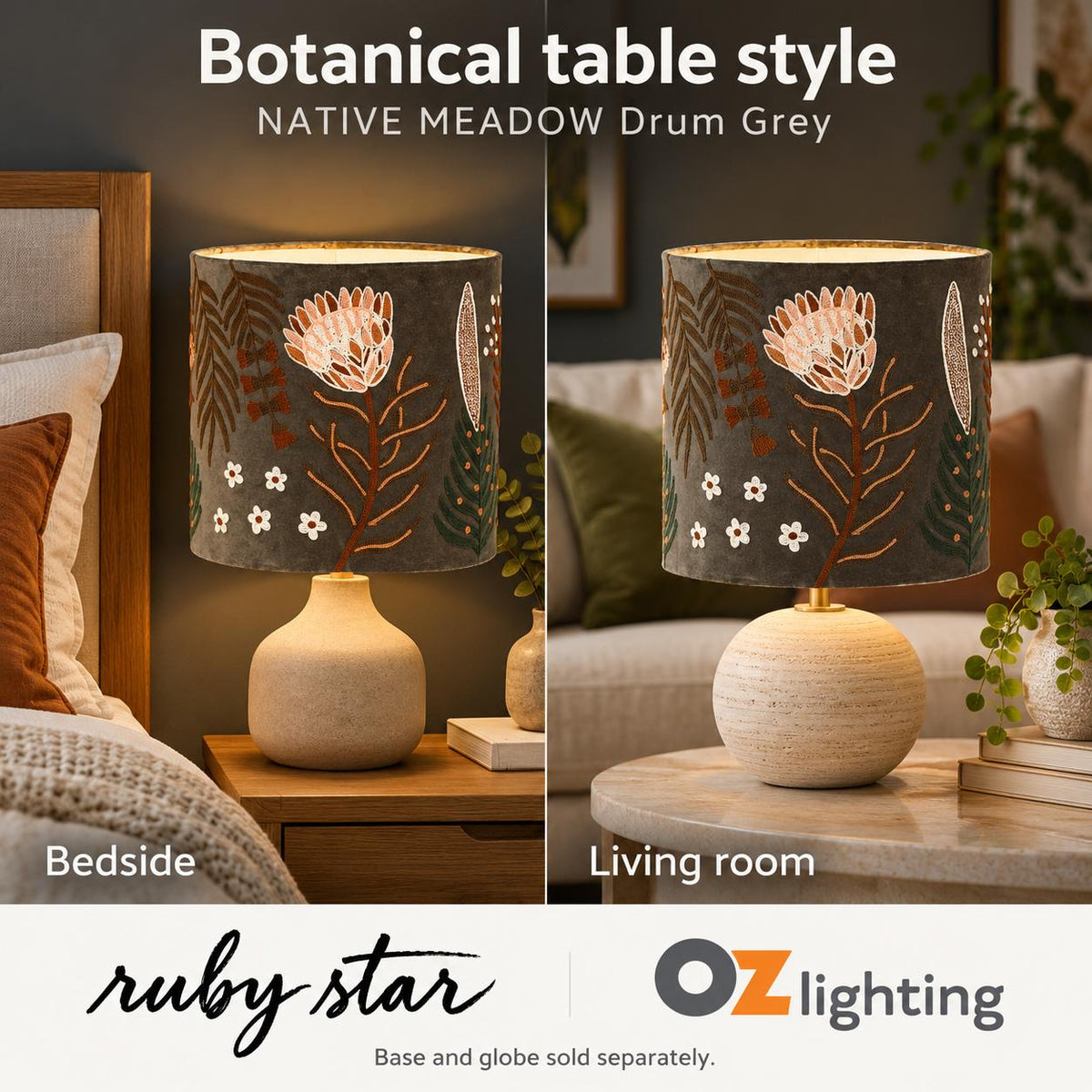 Ruby Star NATIVE MEADOW Drum Shade - 30cm, Grey-RUBY STAR-Ozlighting.com.au