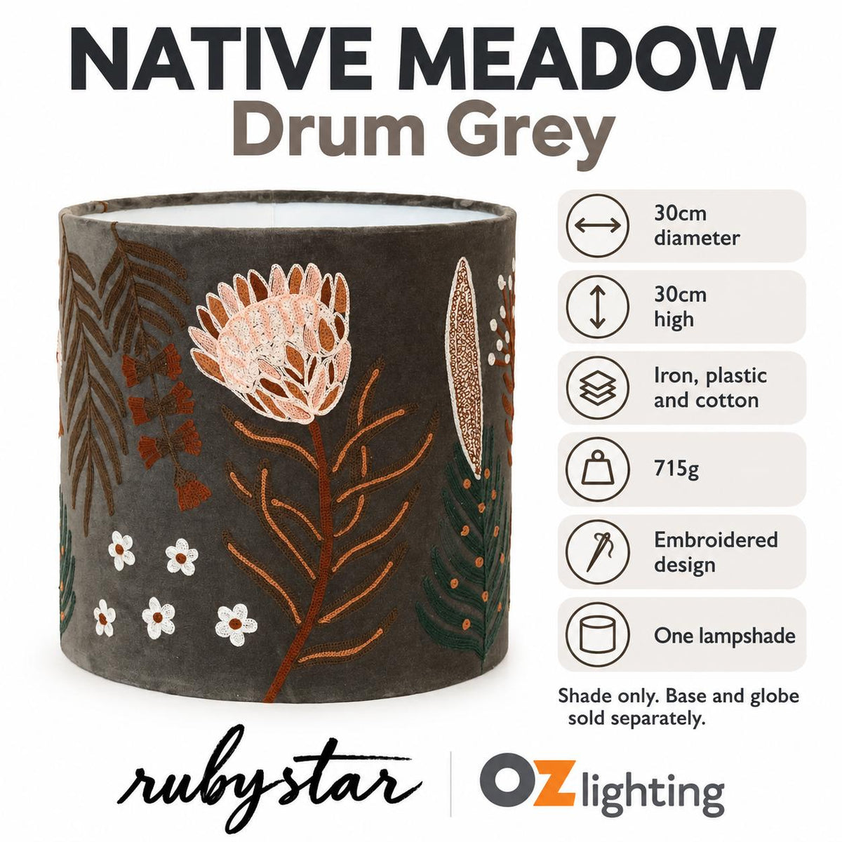 Ruby Star NATIVE MEADOW Drum Shade - 30cm, Grey-RUBY STAR-Ozlighting.com.au