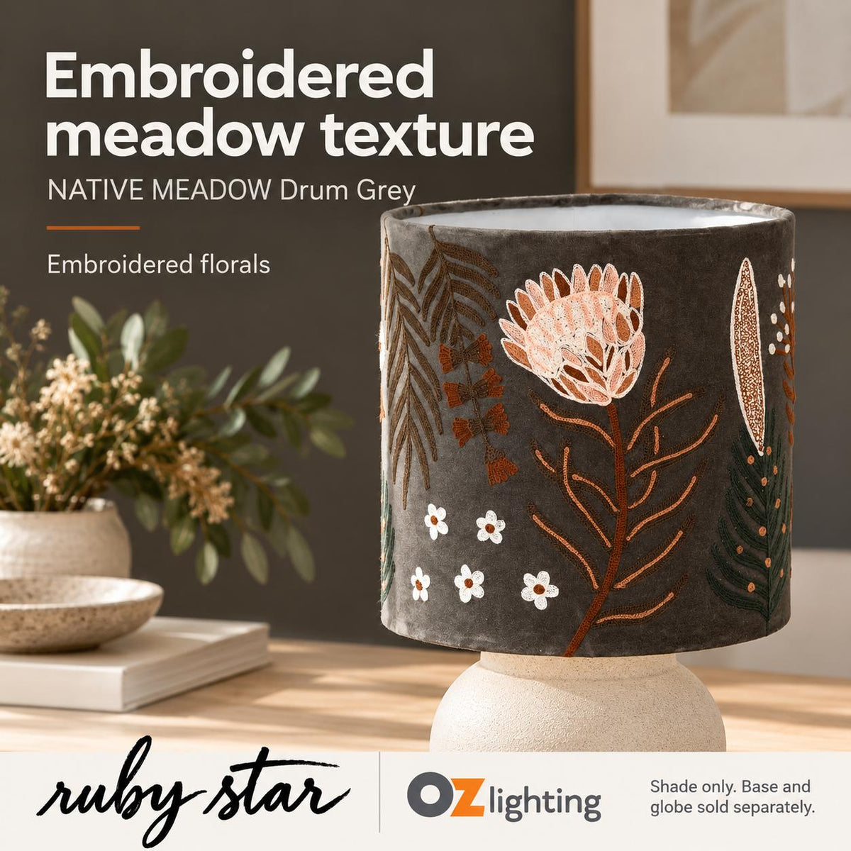 Ruby Star NATIVE MEADOW Drum Shade - 30cm, Grey-RUBY STAR-Ozlighting.com.au