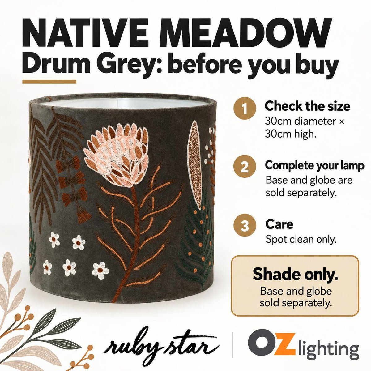 Ruby Star NATIVE MEADOW Drum Shade - 30cm, Grey-RUBY STAR-Ozlighting.com.au