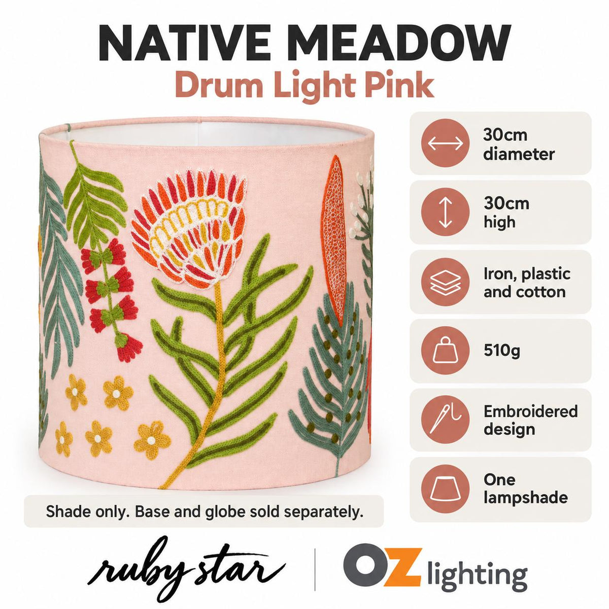 Ruby Star NATIVE MEADOW Drum Shade - 30cm, Light Pink-RUBY STAR-Ozlighting.com.au