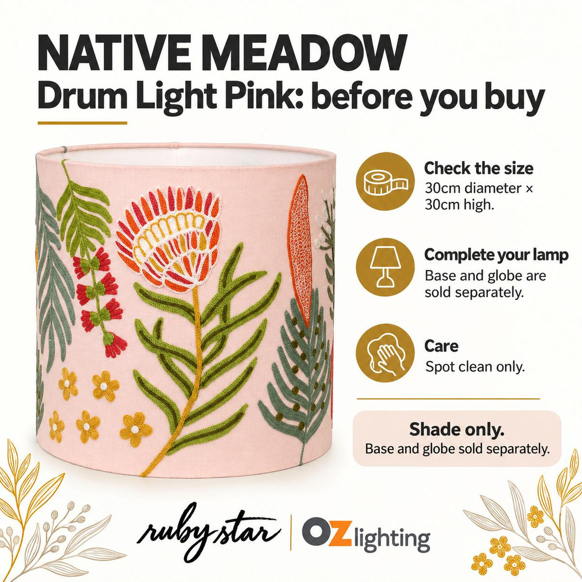 Ruby Star NATIVE MEADOW Drum Shade - 30cm, Light Pink-RUBY STAR-Ozlighting.com.au