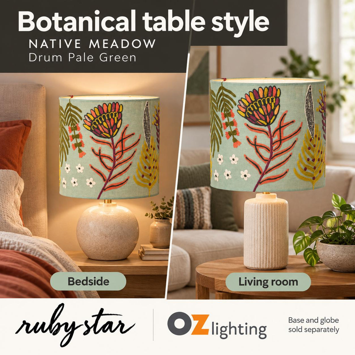 Ruby Star NATIVE MEADOW Drum Shade - 30cm, Pale Green-RUBY STAR-Ozlighting.com.au