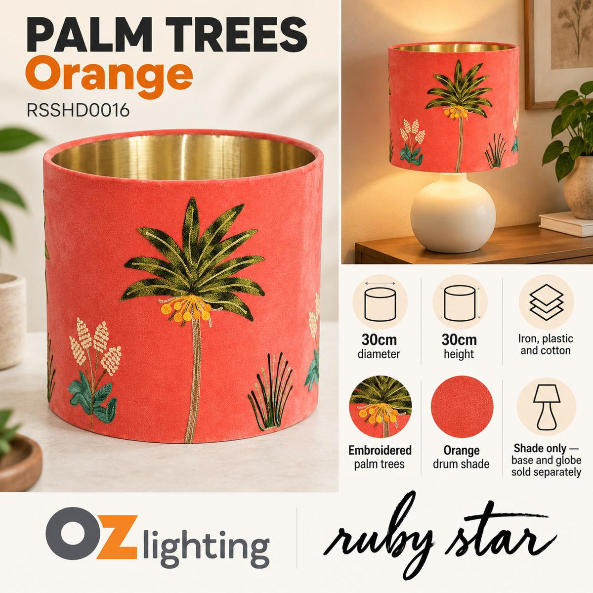 Ruby Star PALM TREES Drum Shade - 30cm, Orange-RUBY STAR-Ozlighting.com.au