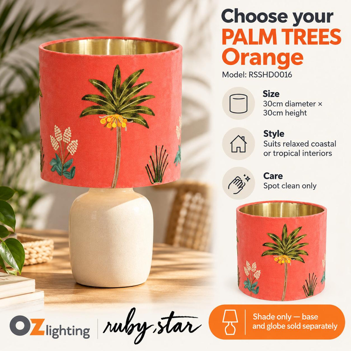Ruby Star PALM TREES Drum Shade - 30cm, Orange-RUBY STAR-Ozlighting.com.au