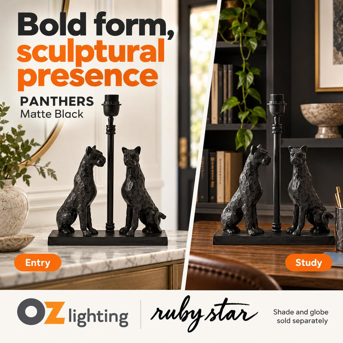 Ruby Star PANTHERS Table Lamp Base Only - Matte Black-RUBY STAR-Ozlighting.com.au