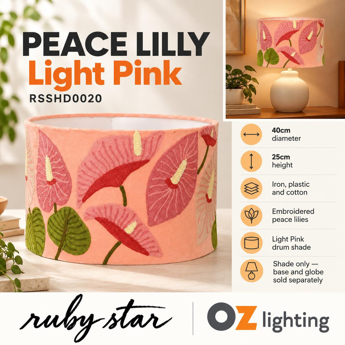Ruby Star PEACE LILLY Drum Shade - 40cm, Light Pink-RUBY STAR-Ozlighting.com.au