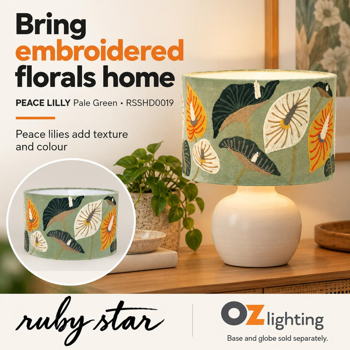 Ruby Star PEACE LILLY Drum Shade - 40cm, Pale Green-RUBY STAR-Ozlighting.com.au