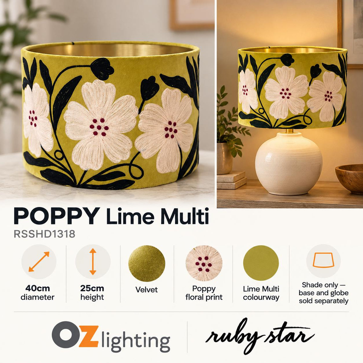 Ruby Star POPPY Drum Shade - Velvet, Lime Multi-RUBY STAR-Ozlighting.com.au