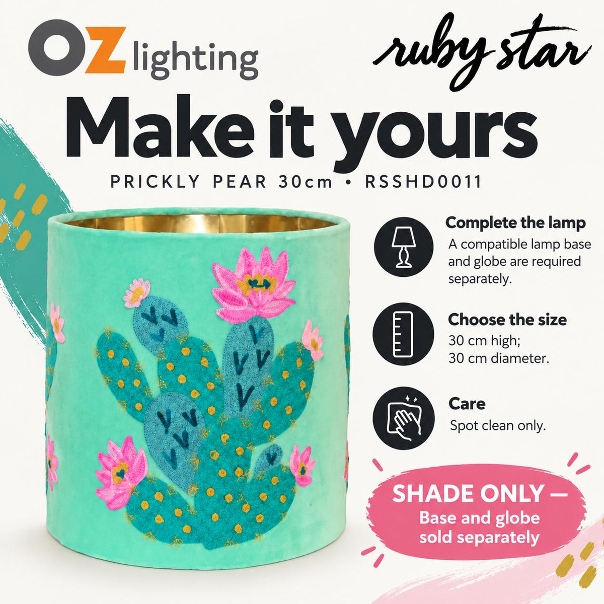 Ruby Star PRICKLY PEAR CACTUS Drum Shade - 30cm, Teal-RUBY STAR-Ozlighting.com.au