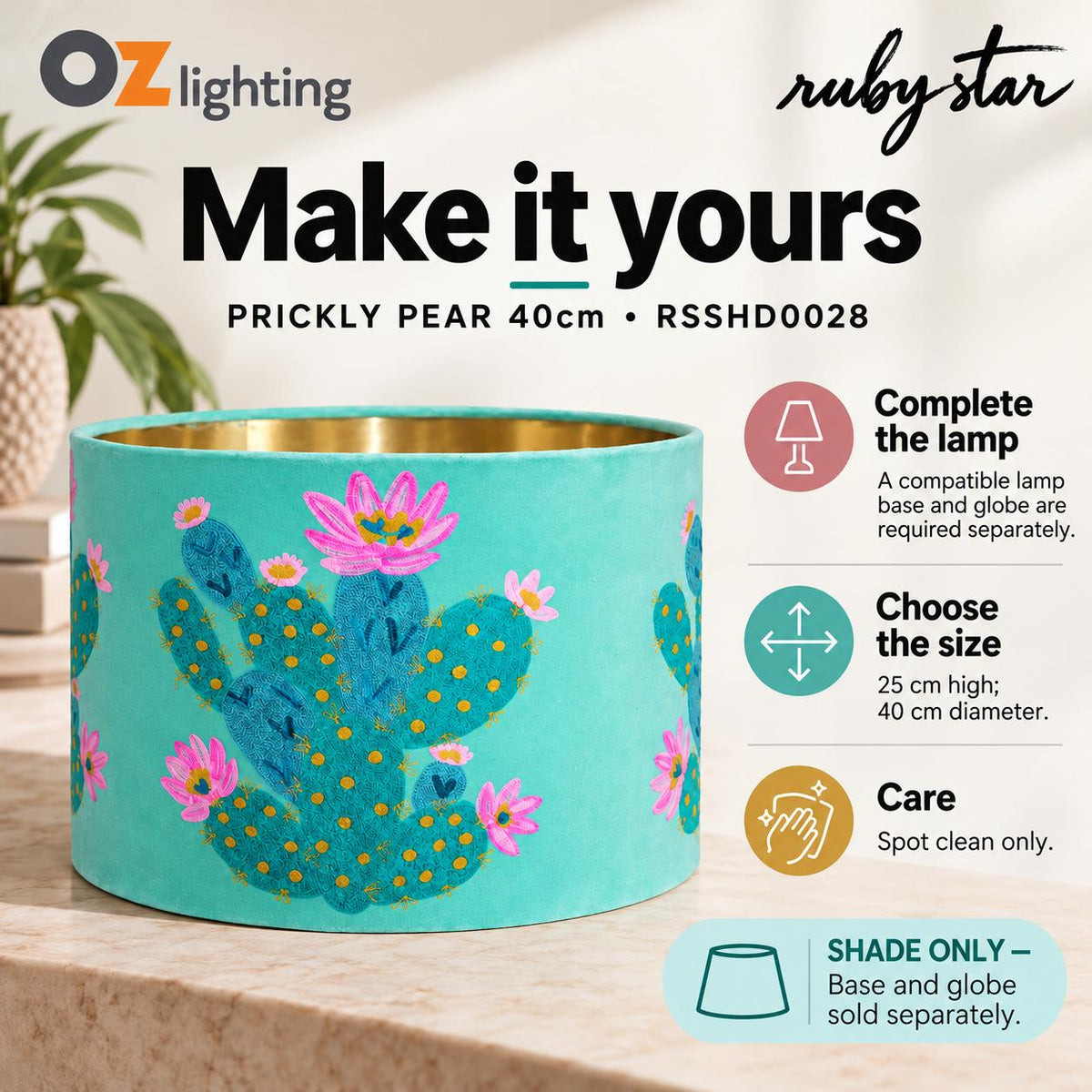 Ruby Star PRICKLY PEAR CACTUS Drum Shade - 40cm, Teal-RUBY STAR-Ozlighting.com.au