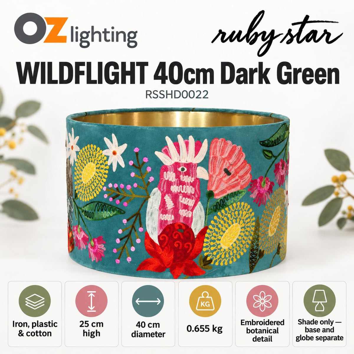 Ruby Star WILDFLIGHT Drum Shade - 40cm, Dark Green-RUBY STAR-Ozlighting.com.au