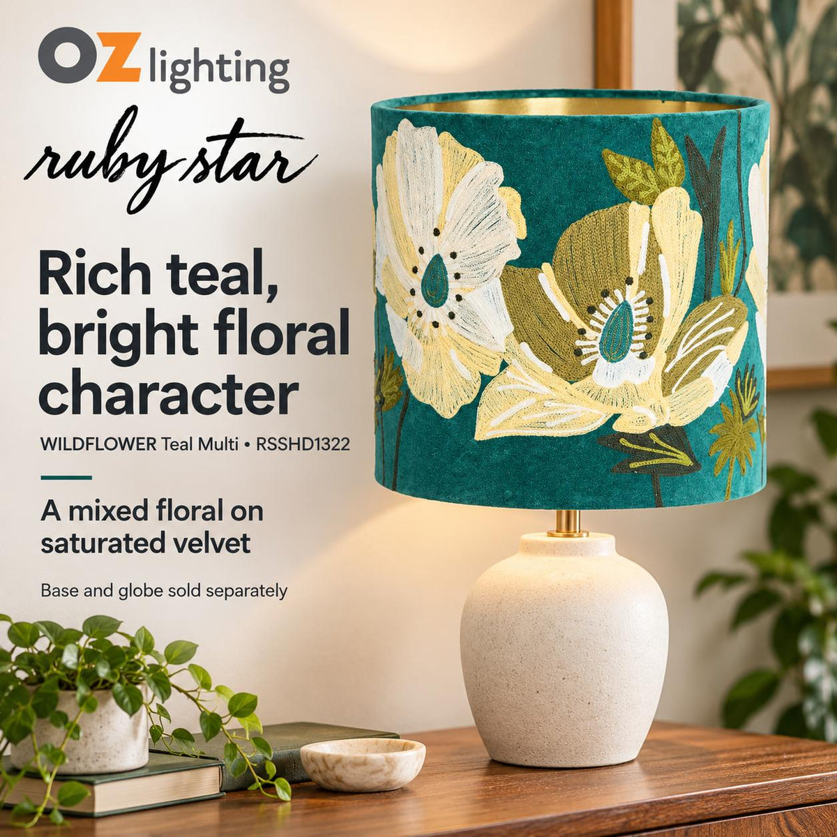 Ruby Star WILDFLOWER Drum Shade - Velvet, Teal Multi-RUBY STAR-Ozlighting.com.au