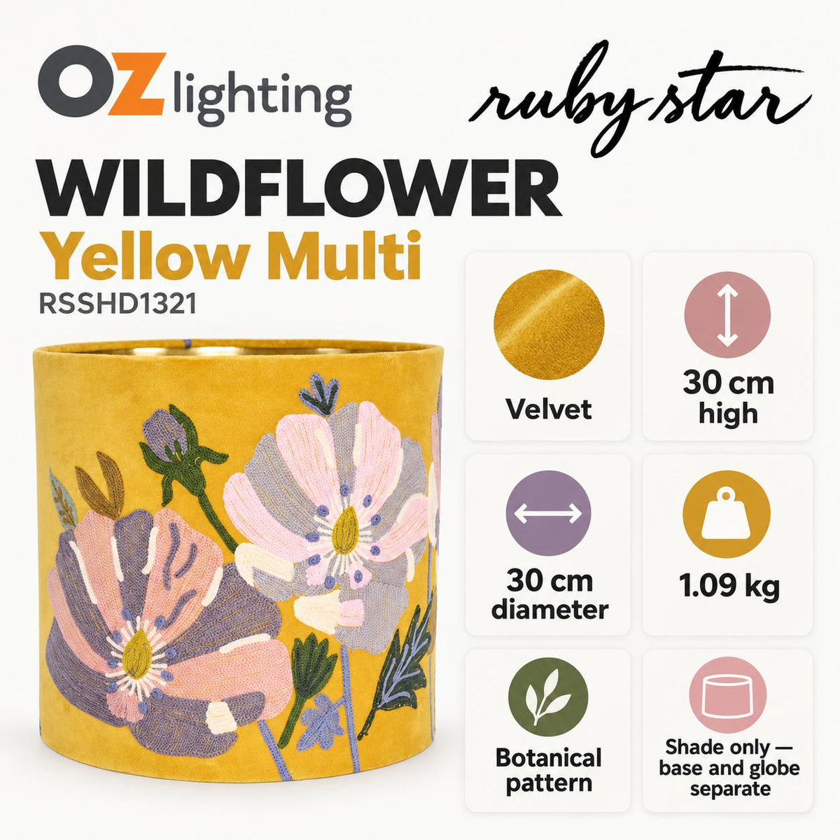 Ruby Star WILDFLOWER Drum Shade - Velvet, Yellow Multi-RUBY STAR-Ozlighting.com.au