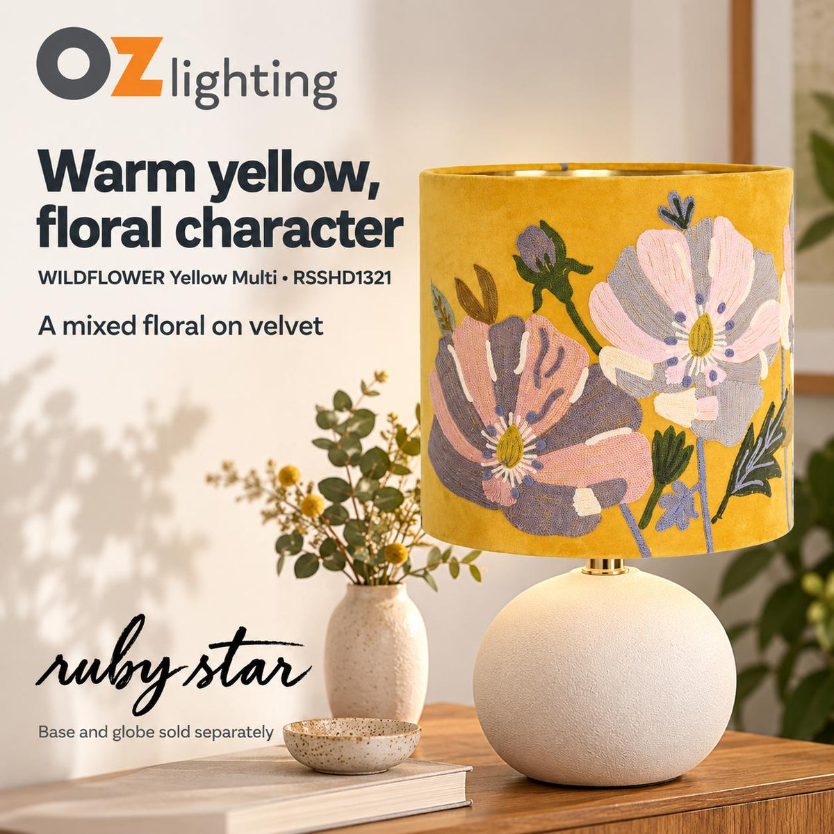 Ruby Star WILDFLOWER Drum Shade - Velvet, Yellow Multi-RUBY STAR-Ozlighting.com.au