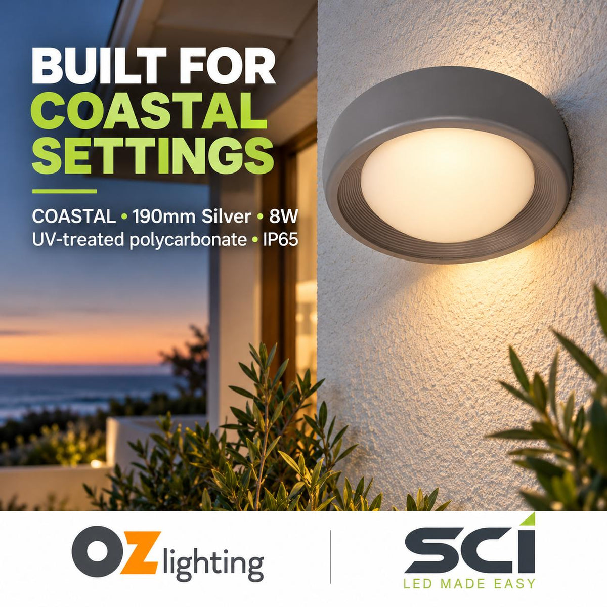 SCI COASTAL LED Bunker Ceiling Light - 8W/13W, 3000K, IP65, 190mm, 245mm-SCI-Ozlighting.com.au
