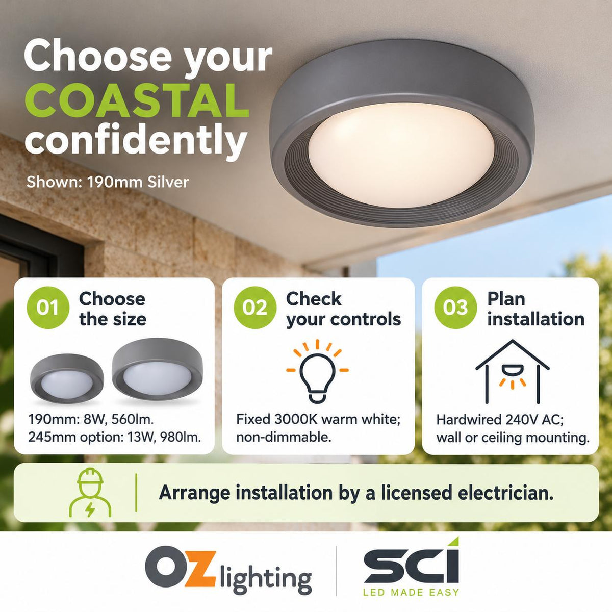 SCI COASTAL LED Bunker Ceiling Light - 8W/13W, 3000K, IP65, 190mm, 245mm-SCI-Ozlighting.com.au