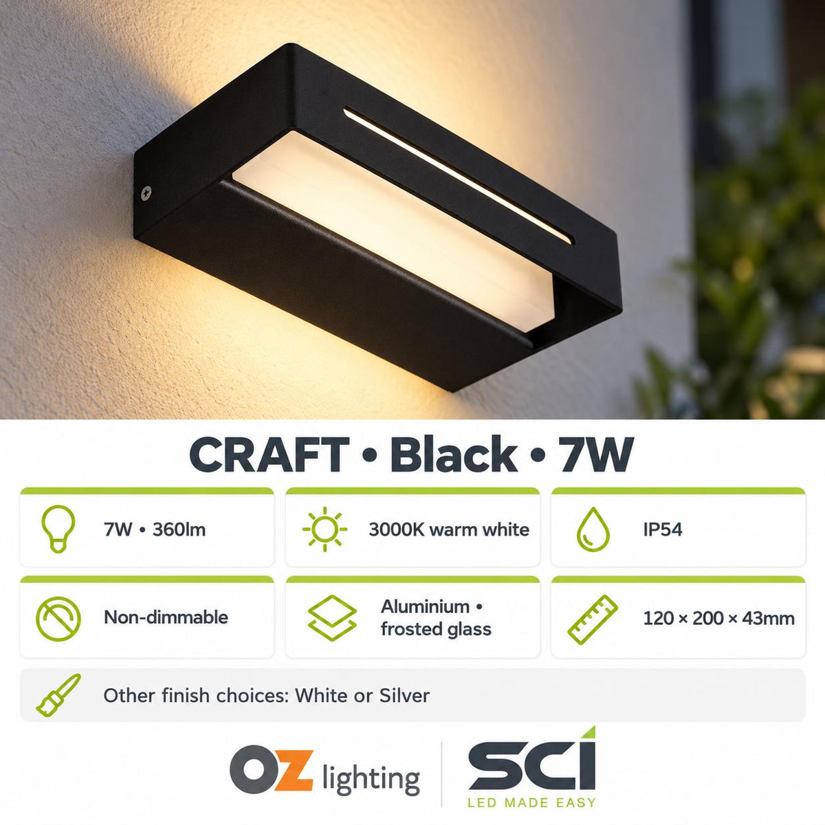 SCI CRAFT LED Up/Down Wall Light - 7W, 3000K, IP54-SCI-Ozlighting.com.au
