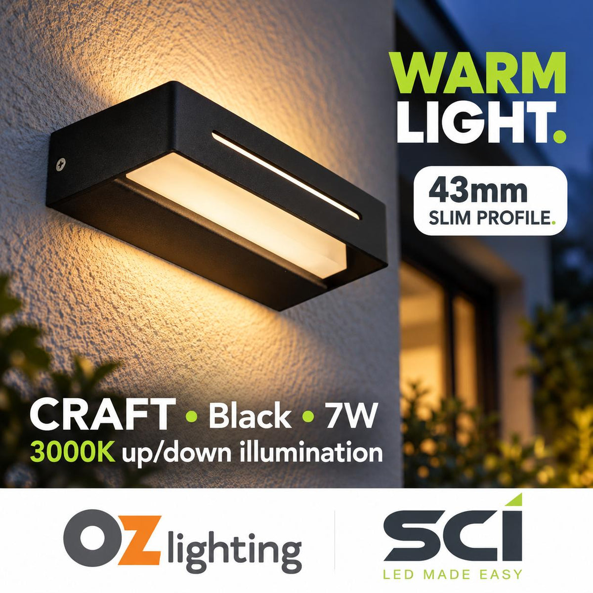 SCI CRAFT LED Up/Down Wall Light - 7W, 3000K, IP54-SCI-Ozlighting.com.au