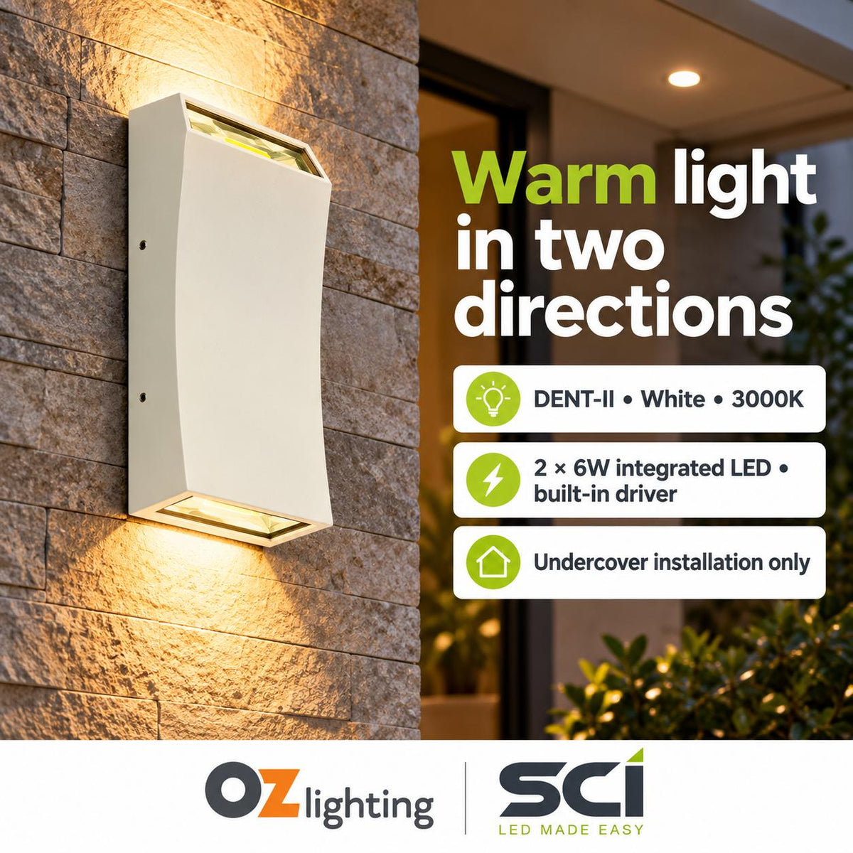 SCI DENT-II LED Up/Down Wall Light - 2 x 6W, IP54-SCI-Ozlighting.com.au