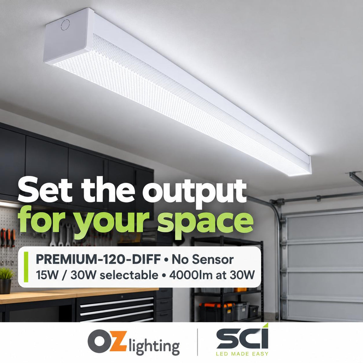 SCI PREMIUM-120-DIFF LED Batten Light - 15W/30W, 1200mm, 5000K, Single, Diffused, Optional Sensor-SCI-Ozlighting.com.au