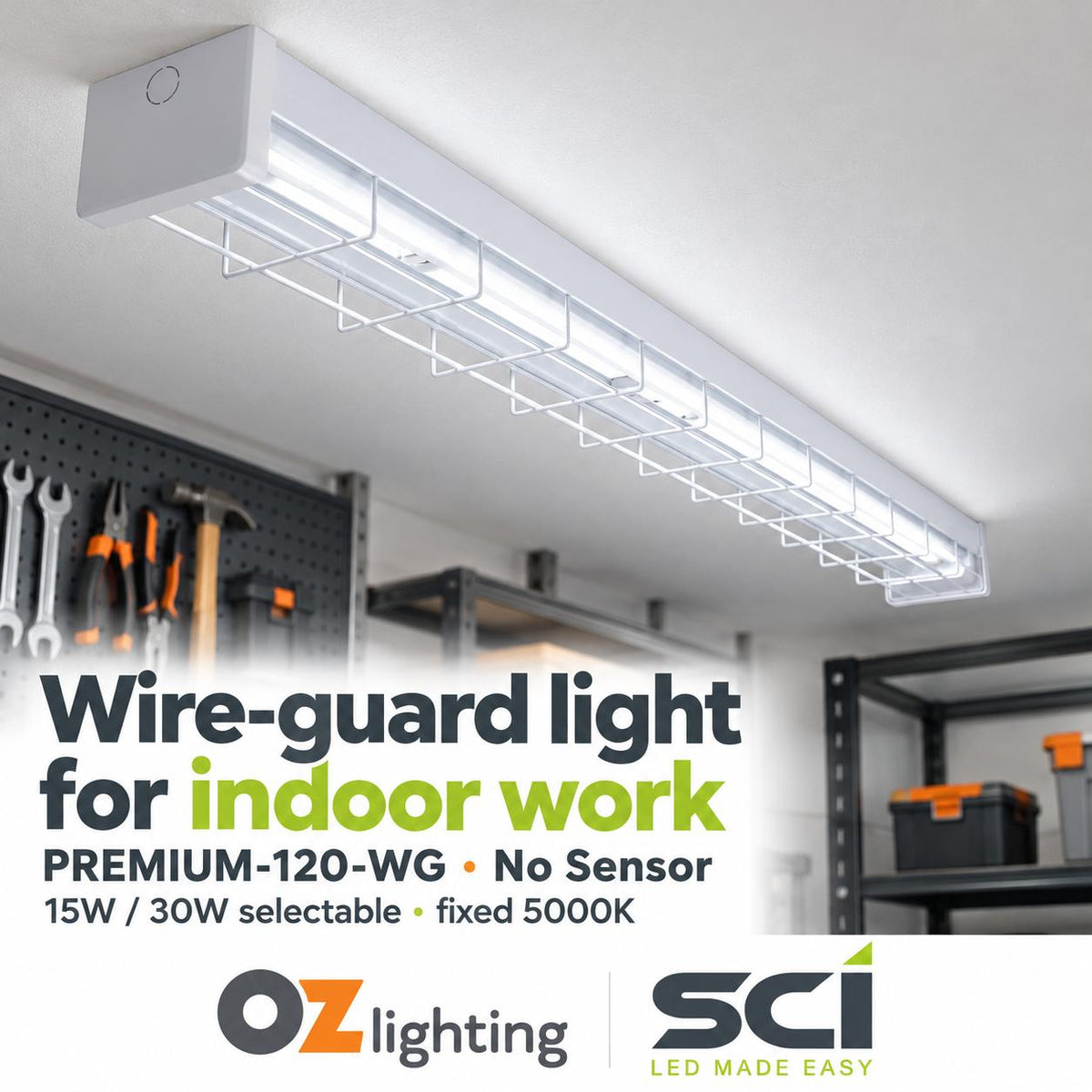SCI PREMIUM-120-WG 15W/30W LED Single Colour Wide Body Wire Guard Batten - 1200mm, with Optional Sensor, 5000K-SCI-Ozlighting.com.au