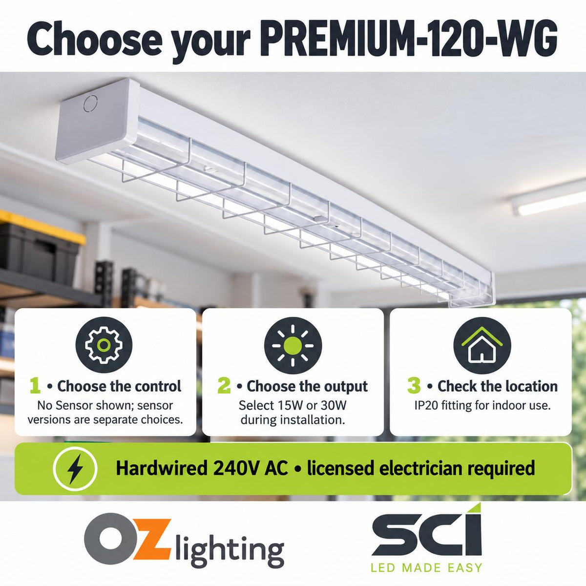 SCI PREMIUM-120-WG 15W/30W LED Single Colour Wide Body Wire Guard Batten - 1200mm, with Optional Sensor, 5000K-SCI-Ozlighting.com.au