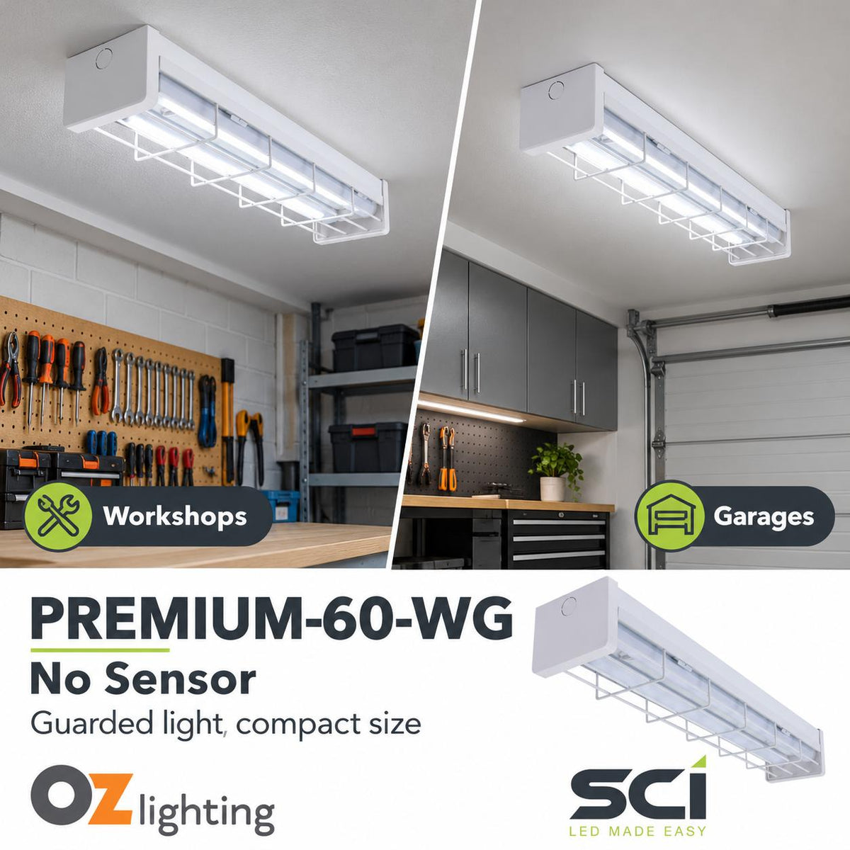 SCI PREMIUM-60-WG 7W/14W LED Single Colour Wide Body Wire Guard Batten - 600mm, with Optional Sensor, 5000K-SCI-Ozlighting.com.au