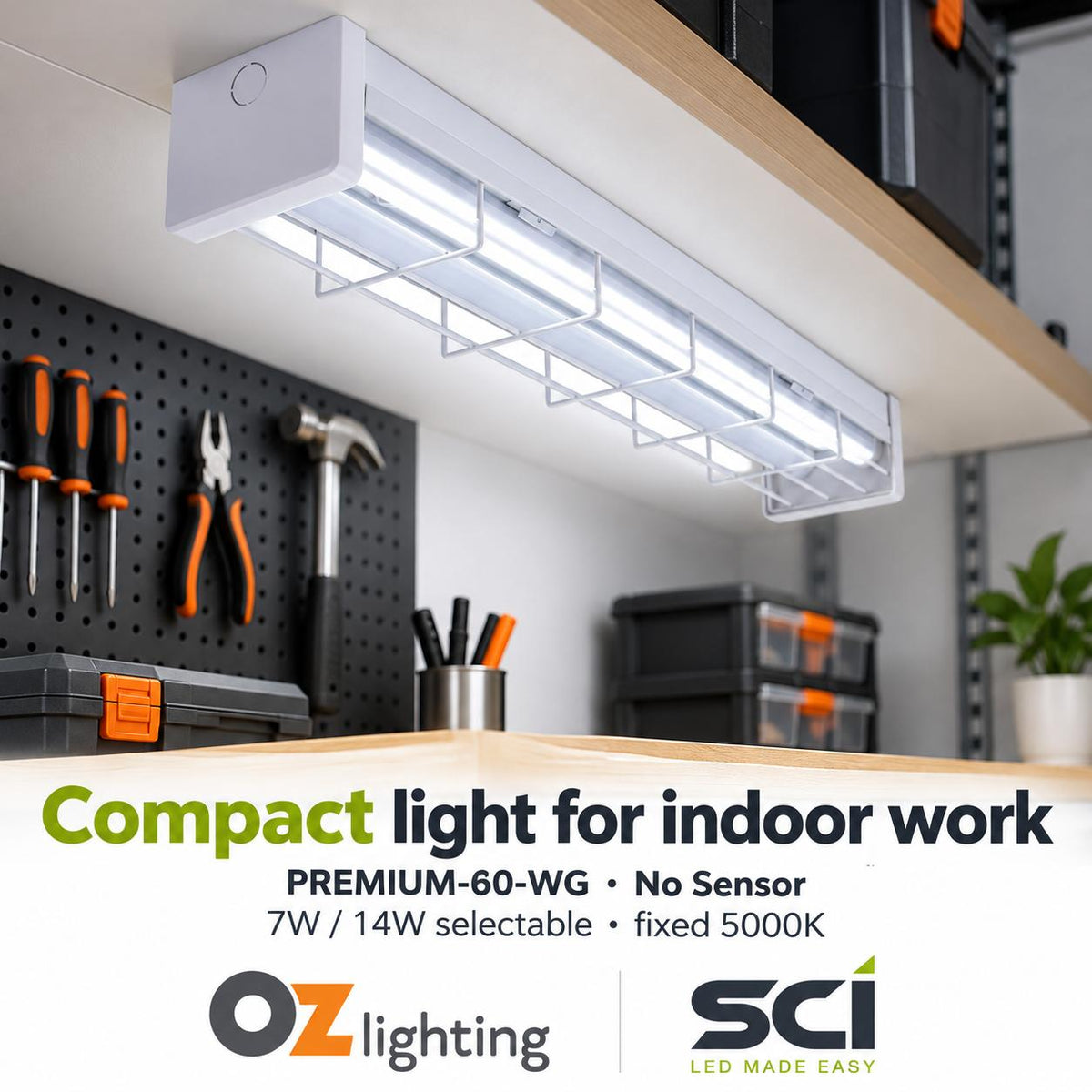 SCI PREMIUM-60-WG 7W/14W LED Single Colour Wide Body Wire Guard Batten - 600mm, with Optional Sensor, 5000K-SCI-Ozlighting.com.au