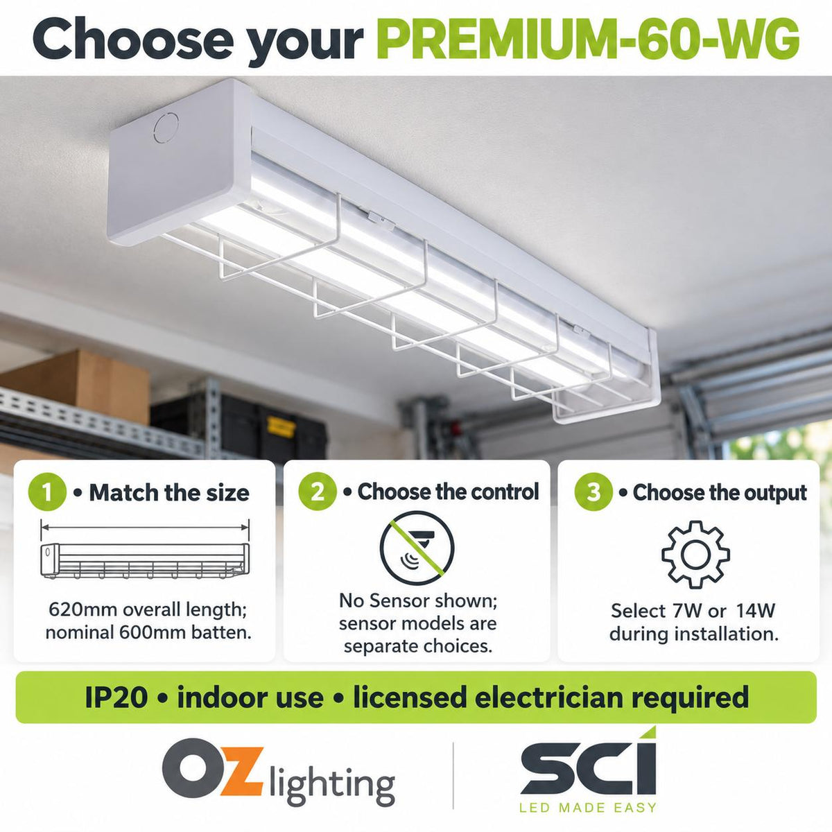 SCI PREMIUM-60-WG 7W/14W LED Single Colour Wide Body Wire Guard Batten - 600mm, with Optional Sensor, 5000K-SCI-Ozlighting.com.au