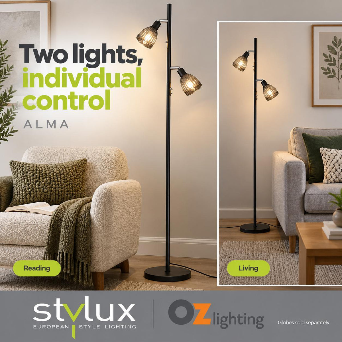 Stylux ALMA Floor Lamp - Twin Smoked Glass, Black-Oriel Lighting-Ozlighting.com.au