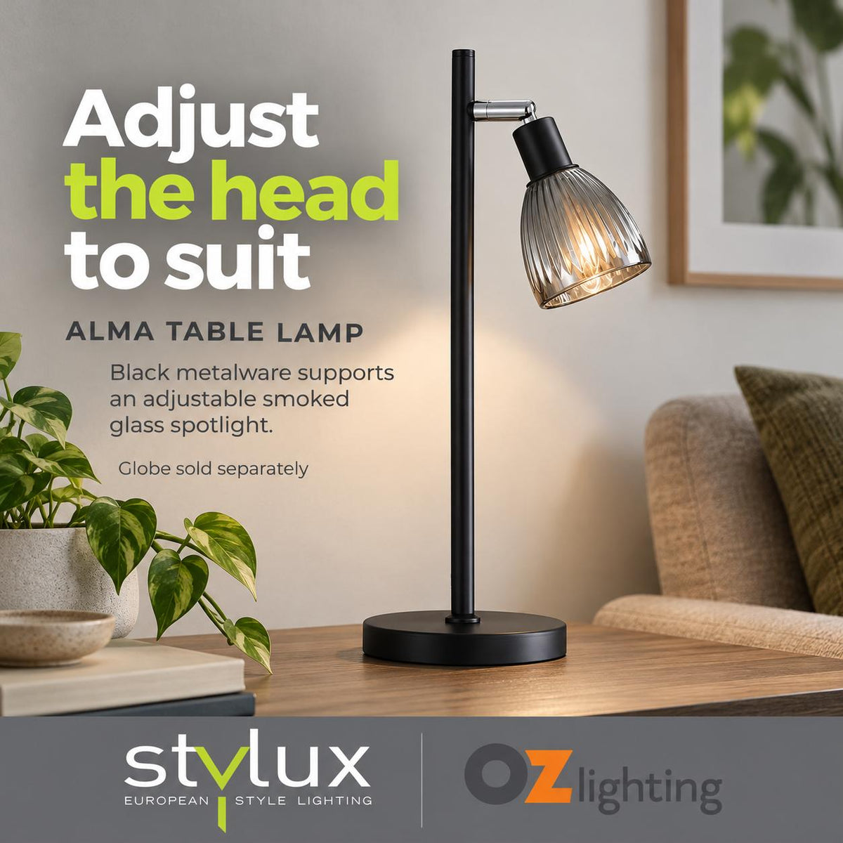 Stylux ALMA Smoked Table Lamp - Glass, Black-Oriel Lighting-Ozlighting.com.au