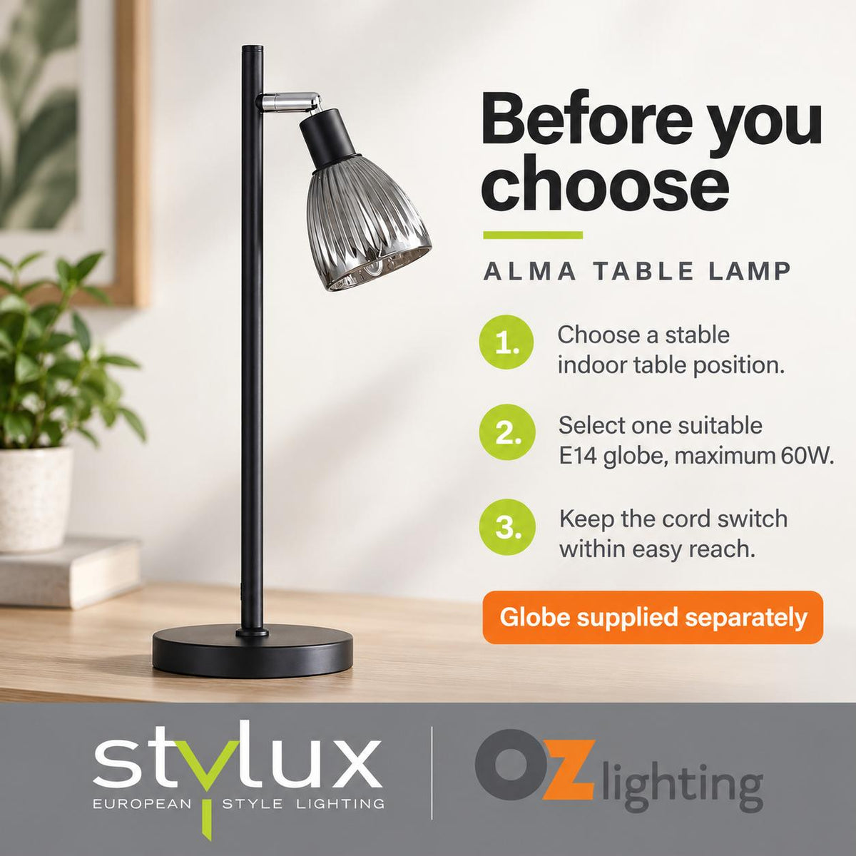 Stylux ALMA Smoked Table Lamp - Glass, Black-Oriel Lighting-Ozlighting.com.au
