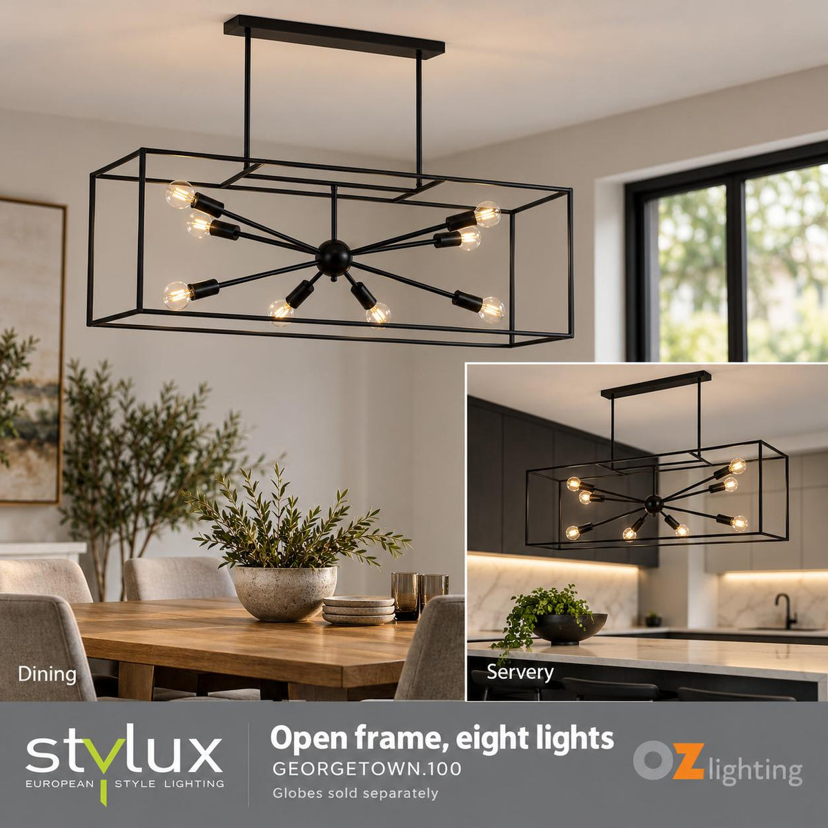 Stylux GEORGETOWN.100 Pendant - 8 Light, E14, Black-Oriel Lighting-Ozlighting.com.au