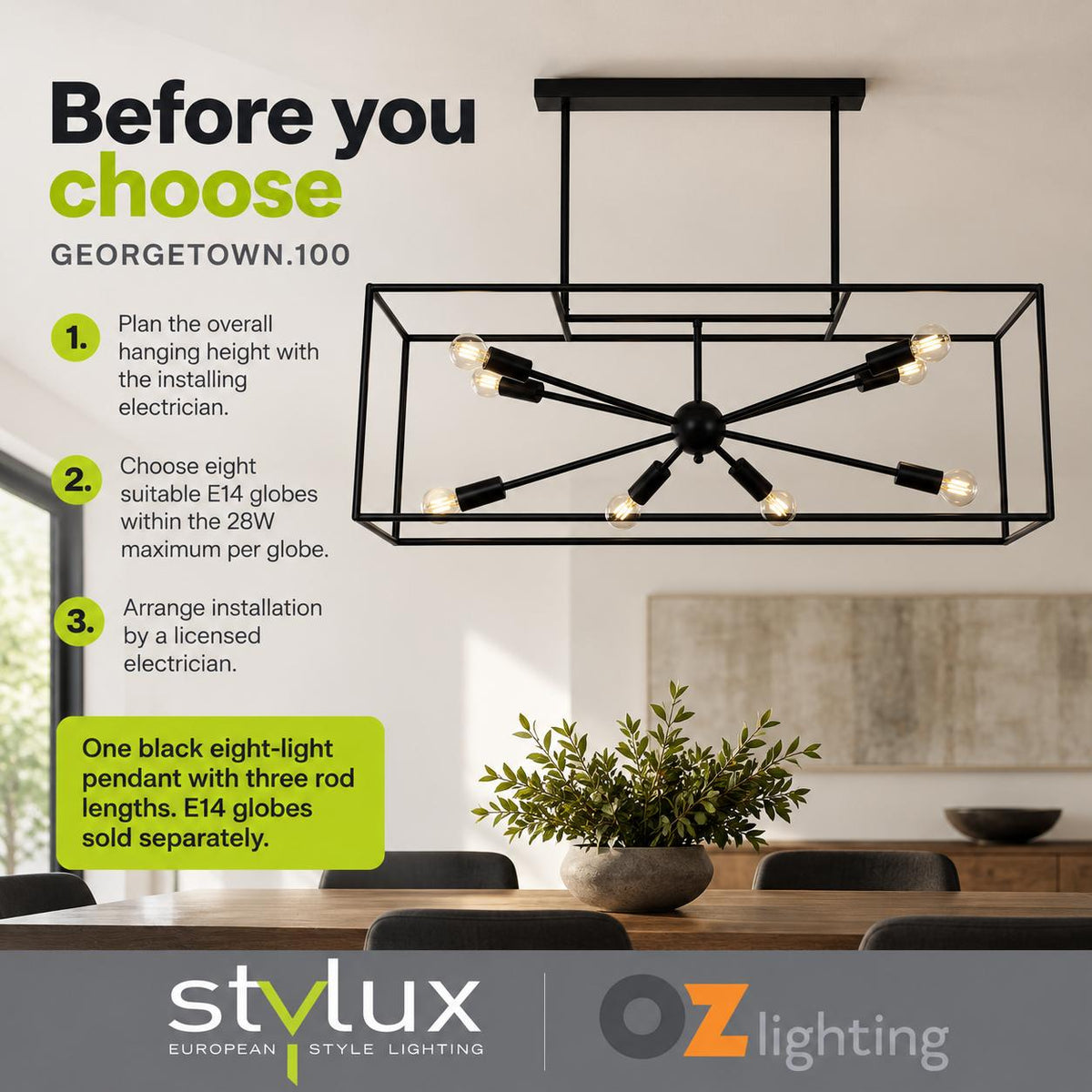 Stylux GEORGETOWN.100 Pendant - 8 Light, E14, Black-Oriel Lighting-Ozlighting.com.au