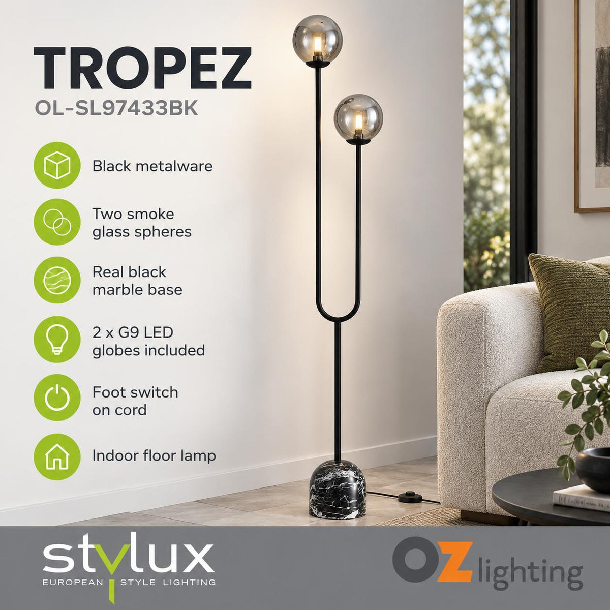 Stylux TROPEZ Floor Lamp - Glass Sphere-Oriel Lighting-Ozlighting.com.au