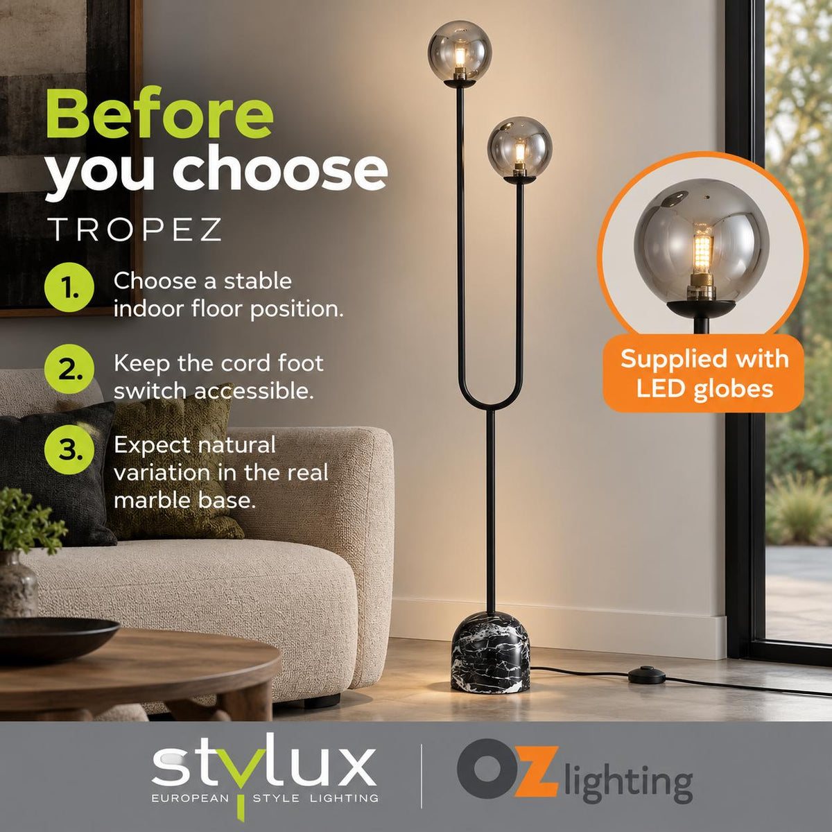 Stylux TROPEZ Floor Lamp - Glass Sphere-Oriel Lighting-Ozlighting.com.au