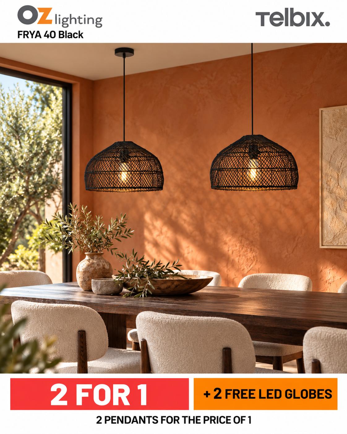 Telbix FRYA 40 - 1 Light Hand-Woven Rattan Pendant - Black — 2 Pendants for the Price of 1 + 2 FREE LED Globes-Telbix-Ozlighting.com.au