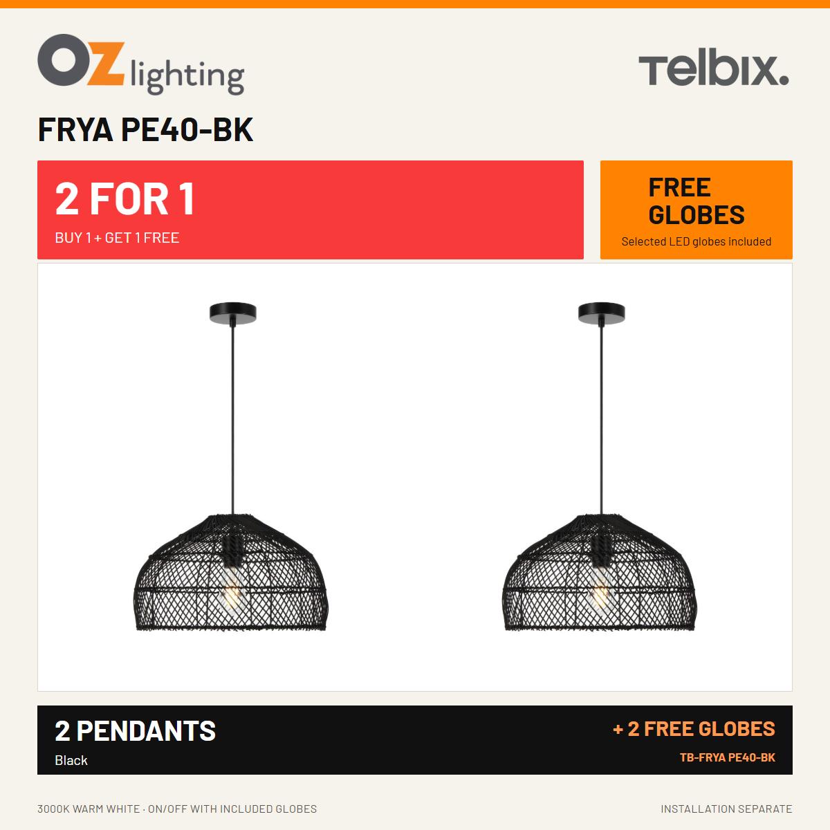 Telbix FRYA 40 - 1 Light Hand-Woven Rattan Pendant - Black — 2 Pendants for the Price of 1 + 2 FREE LED Globes-Telbix-Ozlighting.com.au